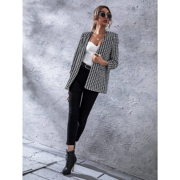 Minimalist Business Casual Open Front Houndstooth Blazer black white - Picture 5 of 5